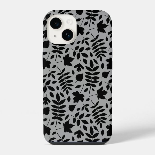 Funda Para iPhone Patrón de hojas caídas negro sobre gris (Reverso )