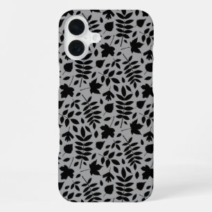 Funda Para iPhone 16 Plus Patrón de hojas caídas negro sobre gris