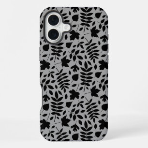 Funda Para iPhone 16 Plus Patrón de hojas caídas negro sobre gris