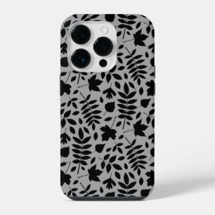 Funda Para iPhone 14 Pro Patrón de hojas caídas negro sobre gris