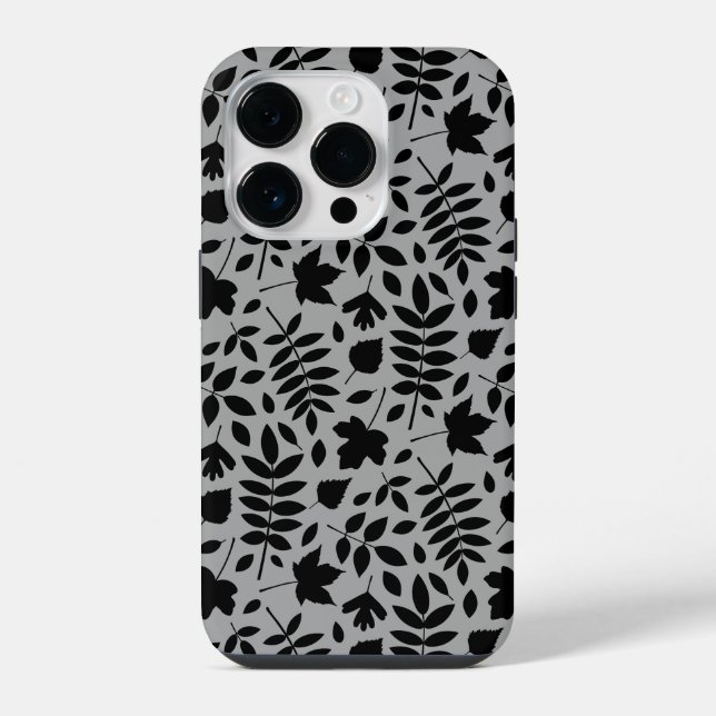 Funda Para iPhone Patrón de hojas caídas negro sobre gris (Reverso )
