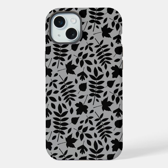 Funda Para iPhone Patrón de hojas caídas negro sobre gris (Reverso )