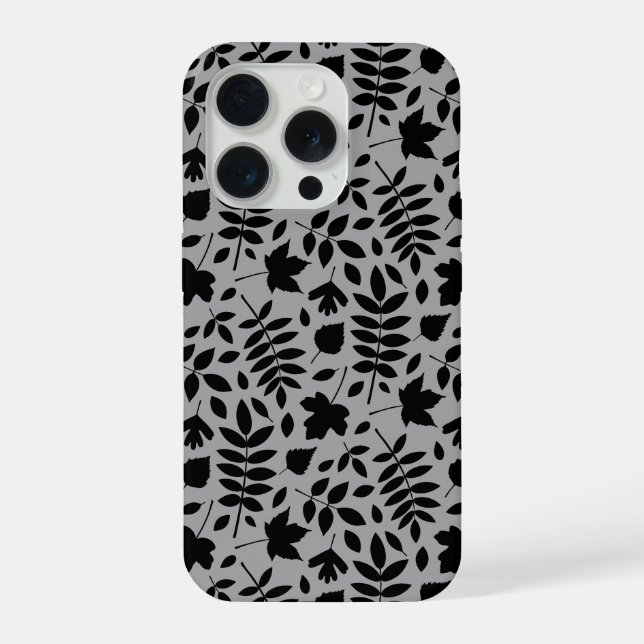 Funda Para iPhone Patrón de hojas caídas negro sobre gris (Reverso )
