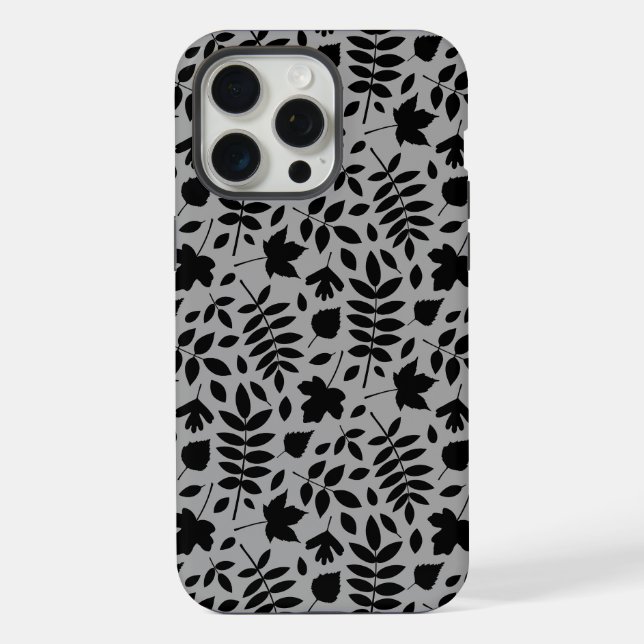 Funda Para iPhone Patrón de hojas caídas negro sobre gris (Reverso )