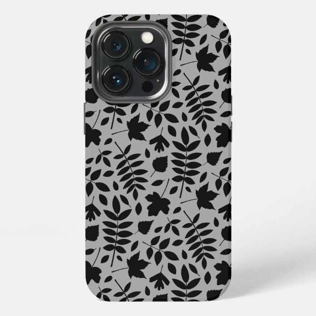 Funda Para iPhone Patrón de hojas caídas negro sobre gris (Reverso )