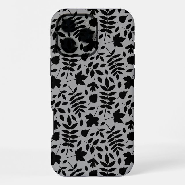 Funda Para iPhone Patrón de hojas caídas negro sobre gris (Reverso )