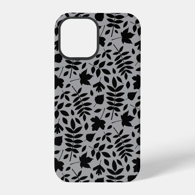 Funda Para iPhone Patrón de hojas caídas negro sobre gris (Reverso )