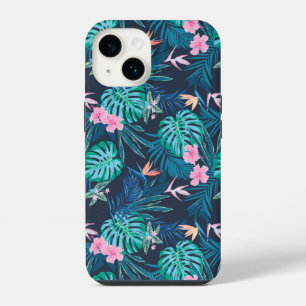 Funda Para iPhone 14 Patrón de jardín de flores tropicales azules