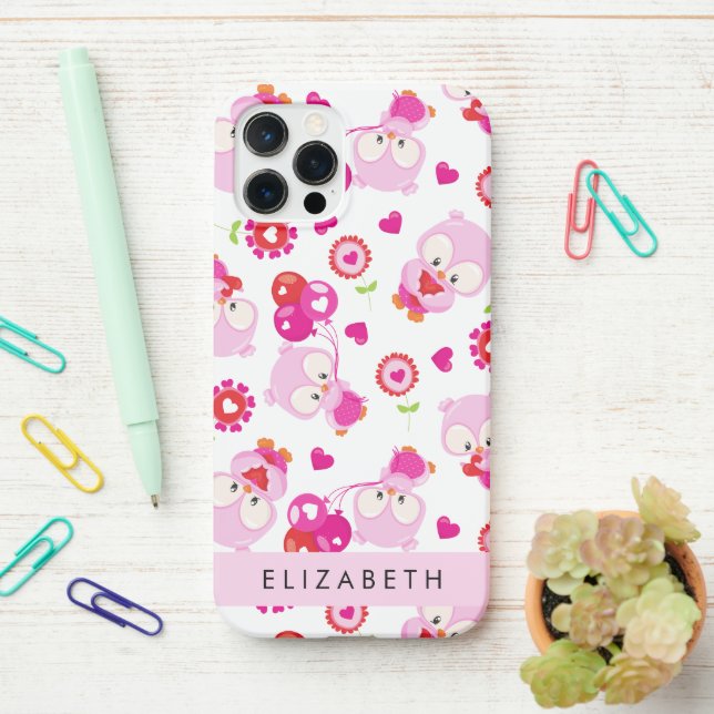 Funda Para iPhone Patrón De Lechuzas, Lechuzas Cutas, Lechuzas Rosad (En el escritorio)