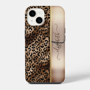 Funda Para iPhone 14 Patrón de leopardo Bronce negro Monograma
