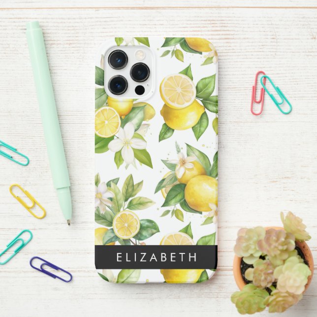 Funda Para iPhone Patrón de limón, flores de limón, hojas, tu nombre (En el escritorio)