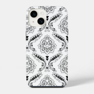 Funda Para iPhone 14 Patrón de Línea Damask Rococó Negro sobre Blanco