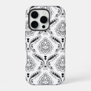Funda Para iPhone 16 Pro Patrón de Línea Damask Rococó Negro sobre Blanco