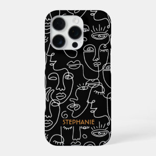 Funda Para iPhone 16 Pro Patrón de línea de cara en blanco y negro moderno 