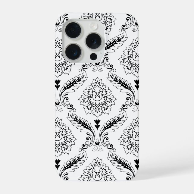 Funda Para iPhone Patrón de línea de damasco rococó negro sobre blan (Reverso )