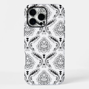 Funda Para iPhone 16 Pro Max Patrón de línea de damasco rococó negro sobre blan