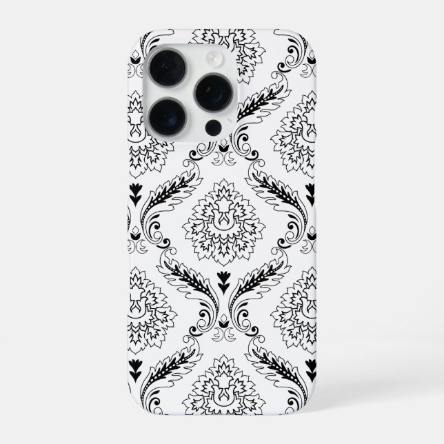 Funda Para iPhone Patrón de línea de damasco rococó negro sobre blan (Reverso)