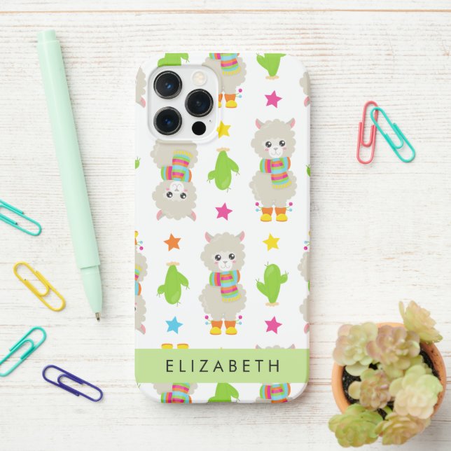 Funda Para iPhone Patrón De Llamas, Alpacas, Cactus, Tu Nombre (En el escritorio)