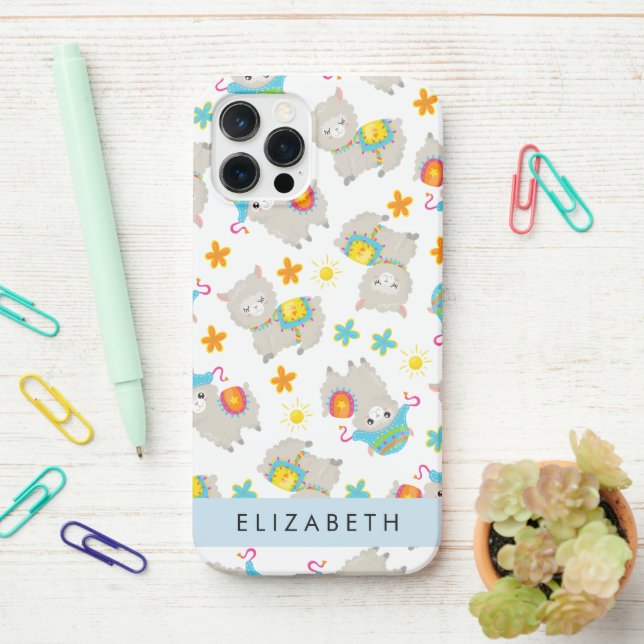 Funda Para iPhone Patrón De Llamas, Alpacas, Flores, Tu Nombre (En el escritorio)
