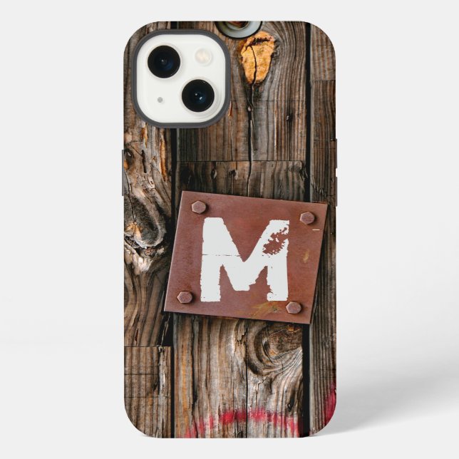 Funda Para iPhone Patrón de madera rústico industrial monogramado (Reverso )