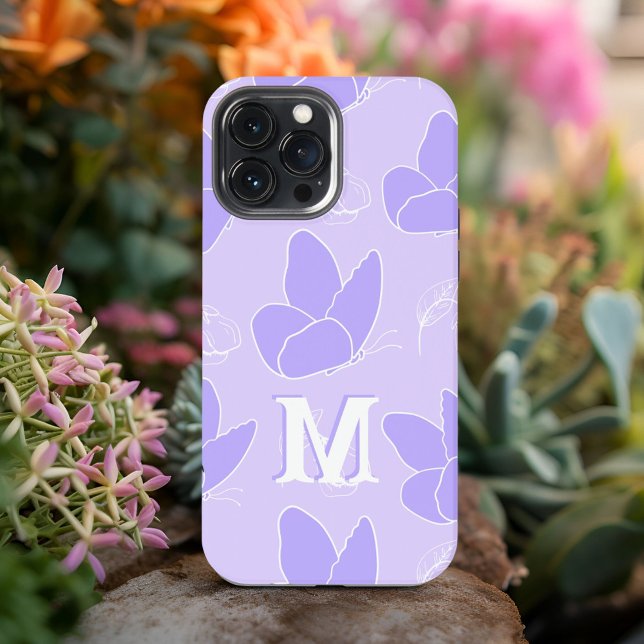 Funda Para iPhone Patrón de mariposa de lila azul Monogram M moderno (Subido por el creador)