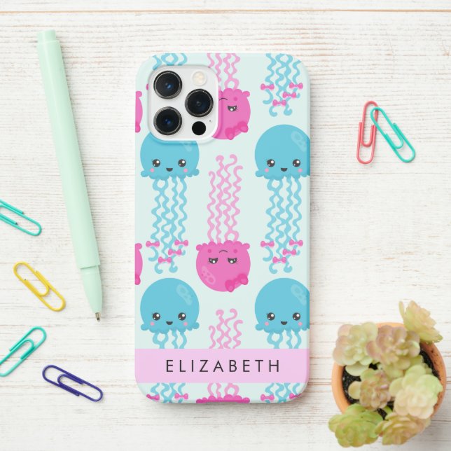 Funda Para iPhone Patrón de medusas, medusa cúrcuta, mar, nombre (En el escritorio)