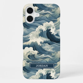 Funda Para iPhone 16 Plus Patrón de olas japonesas monogramado