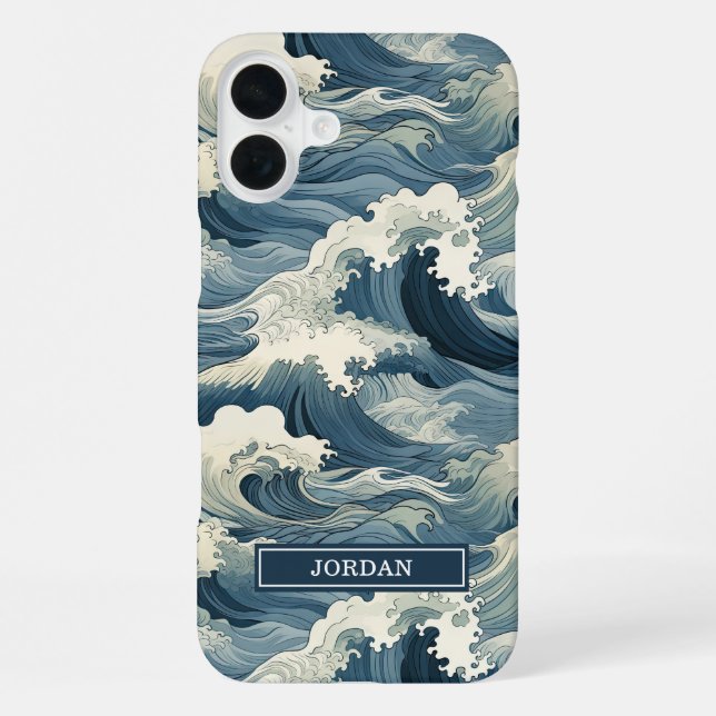 Funda Para iPhone Patrón de olas japonesas monogramado (Reverso )