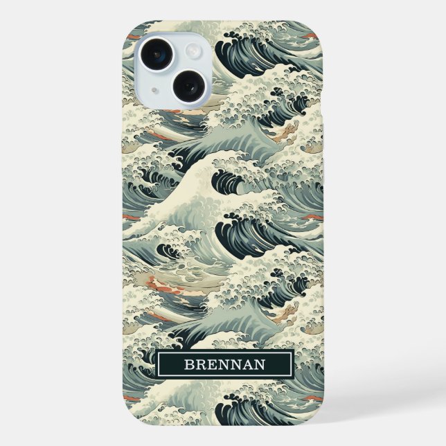 Funda Para iPhone Patrón de Olas Japonesas Monogramado (Reverso )