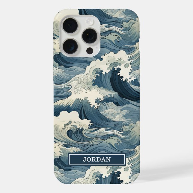 Funda Para iPhone Patrón de olas japonesas monogramado (Reverso )