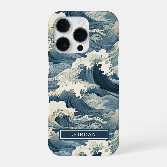 Funda Para iPhone Patrón de olas japonesas monogramado (Reverso)