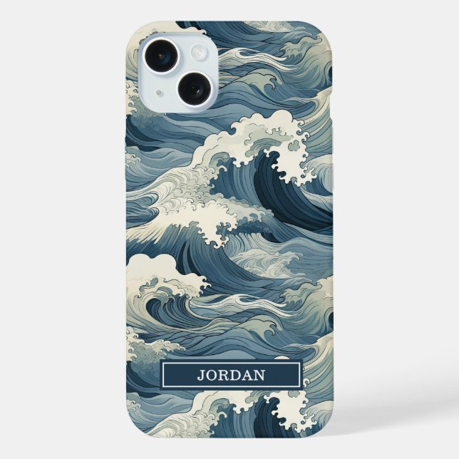Funda Para iPhone Patrón de olas japonesas monogramado (Reverso )