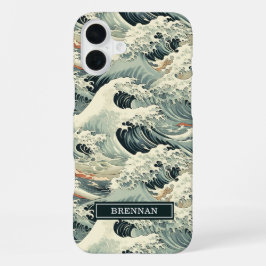 Funda Para iPhone 16 Plus Patrón de Olas Japonesas Monogramado