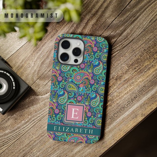 Funda Para iPhone Patrón de paisley azul oscuro verde claro personal (Customizable Light Green Dark Blue Paisley Pattern iPhone Case)