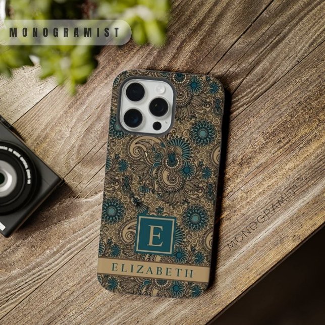 Funda Para iPhone Patrón de paisley azul Verde azulado negro de oro  (Customizable Gold Black Teal Blue Paisley Pattern iPhone Case)