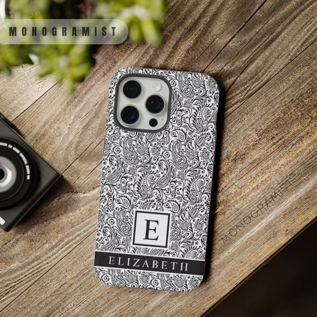 Funda Para iPhone Patrón De Paisley Blanco Y Negro personalizable (Customizable White And Black Paisley Pattern iPhone Case)