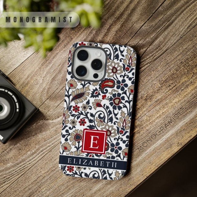 Funda Para iPhone Patrón de paisley rojo gris gris azul personalizab (Customizable White Blue Grey Red Paisley Pattern iPhone Case)