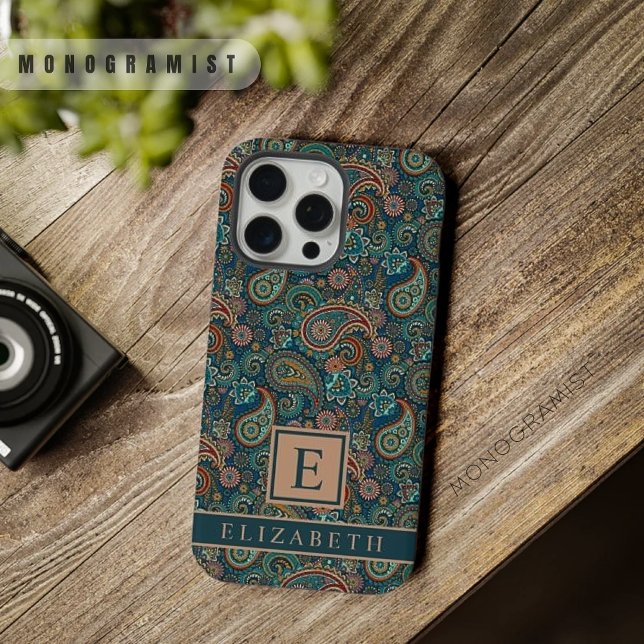Funda Para iPhone Patrón de paisley verde azul Verde azulado del per (Customizable Teal Blue Green Paisley Pattern iPhone Case)