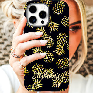 Funda Para iPhone 16 Pro Patrón de Piña Dorada con Nombre Personalizado
