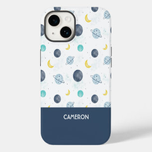 Funda Para iPhone 14 Patrón de planeta de espacio azul acuarela