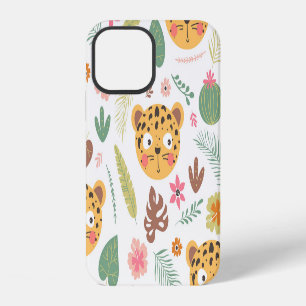 Funda Para iPhone 12 Patrón de plantas tropicales con cabeza de leopard