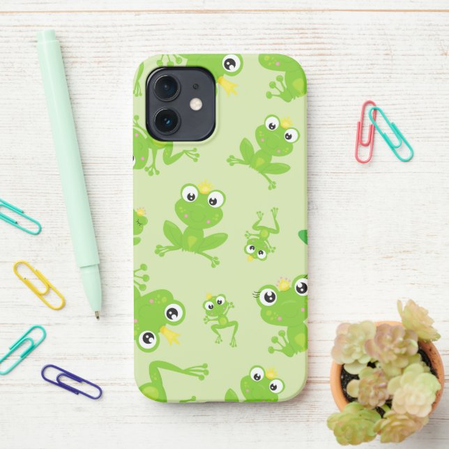 Funda Para iPhone Patrón de rana, ranas cortas, ranas verdes, prínci (En el escritorio)