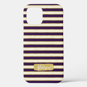 Funda Para iPhone 12 Patrón de raya dorada y morado oscuro con nombre p