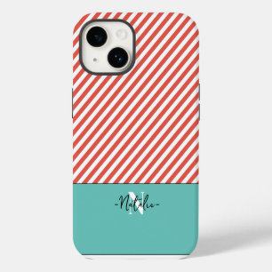 Funda Para iPhone 14 Patrón de rayas coloridas monogramadas Rojo y azul