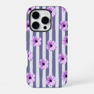 Funda Para iPhone 16 Pro patrón de rayas con margaritas moradas