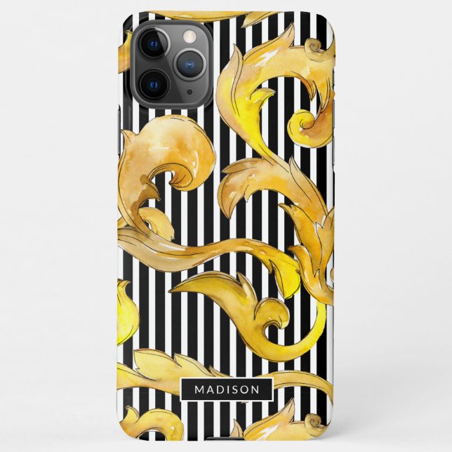 Funda Para iPhone Patrón de rayas y barroco decorativo con nombre (Reverso)