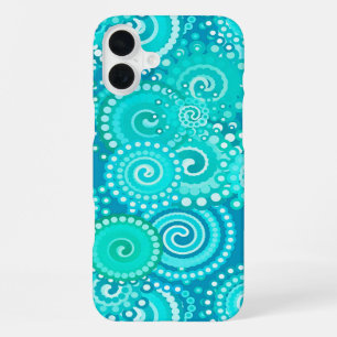 Funda Para iPhone 16 Plus patrón de remolino fractal, tonos de azul océano