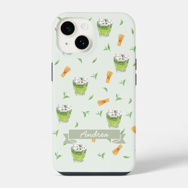 Funda Para iPhone Patrón de té verde matcha con espuma de gato (Reverso )