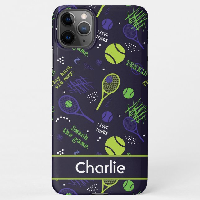 Funda Para iPhone Patrón de tenis verde y 💜 - nombre personalizado (Reverso)