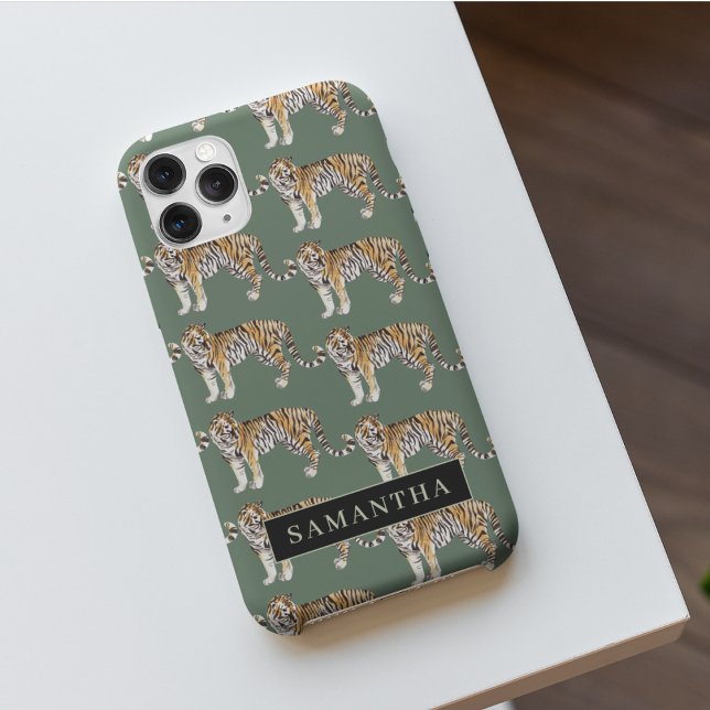 Funda Para iPhone Patrón de tigres de acuarela verde tropical con no (Subido por el creador)